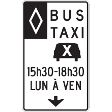 Voie réservée aux bus, taxi et covoiturage avec heures, jours et flèche